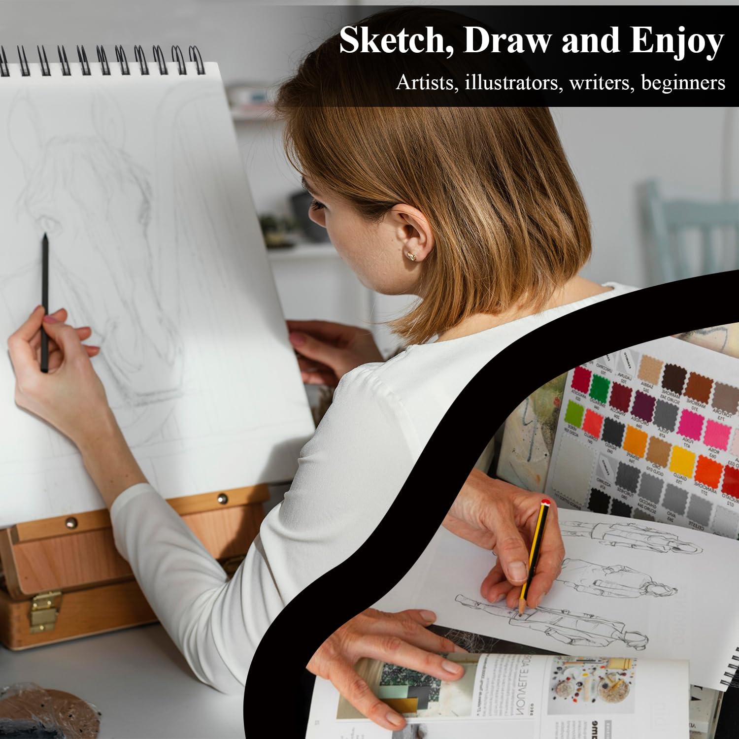 Cuaderno de bocetos de 8.5 x 11 pulgadas, 100 hojas de tapa dura, papel de dibujo de 70 libras/100 g/m², almohadilla de dibujo en espiral superior.