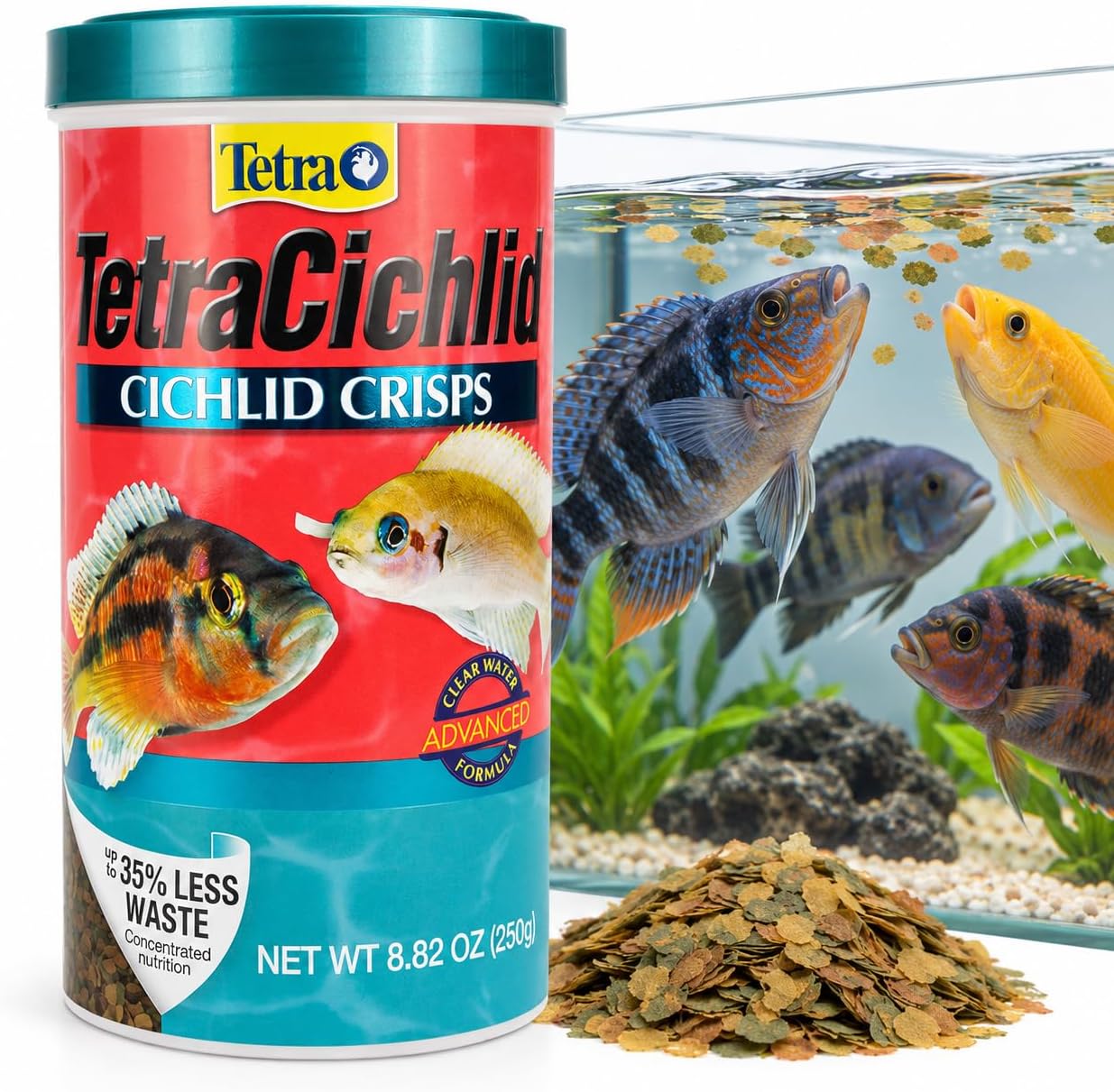 Cichlid Crisps Fish Food, 8.82 oz | For Top & Mid-Water Cichlids, Protein-Rich Crisps With Algae Extract, Clear Water Formula Does Not Cloud Water, Feed Daily