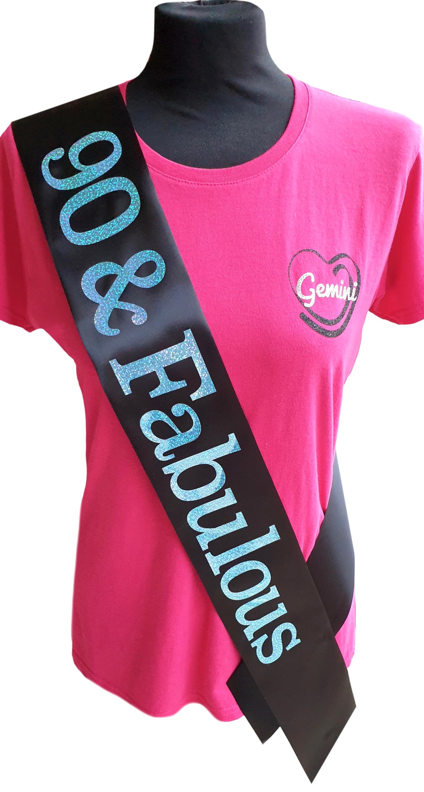 90th Birthday Sash - Beautiful Quality Black Ribbon and Holographic Blue Font - 90 & Fabulous Sash