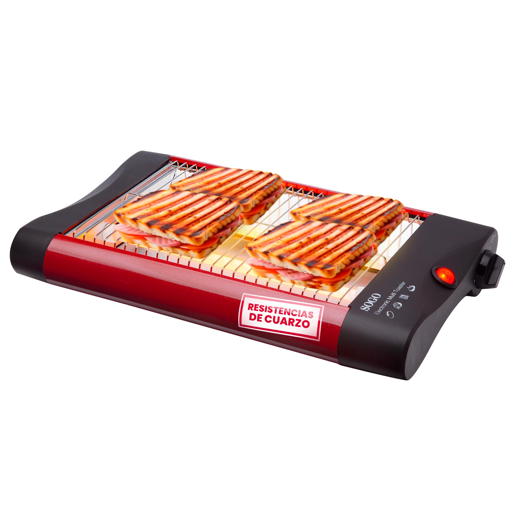 SOGO Tostadora Horizontal para Pan y Bollería – Tostadora Pan Plana con Resistencias de Cuarzo y Temporizador de 5 Minutos – Bandeja Extraíble para Migas e Indicador luminoso