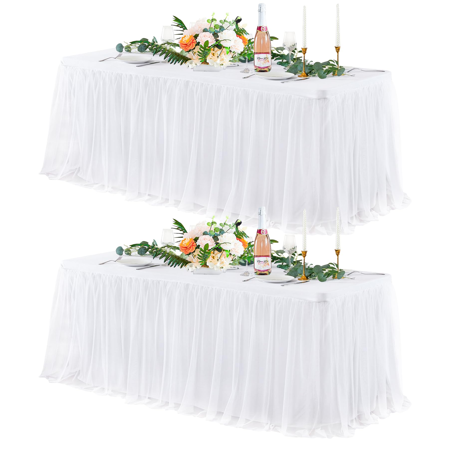 2 Pack White Tulle Tablecloths for 6 Foot Rectangular Tables, 6ft Wrinkle Free Spandex White Table Cover with Tutu Skirt for Wedding Bridal Shower