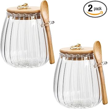 2PCS Glass Sugar Circle Container with Vertical Stripes, Glass Jars with Bamboo Lid and Spoon, Suitable for Coffee Beans, Tea Leaves,Grains, Dried Fruits