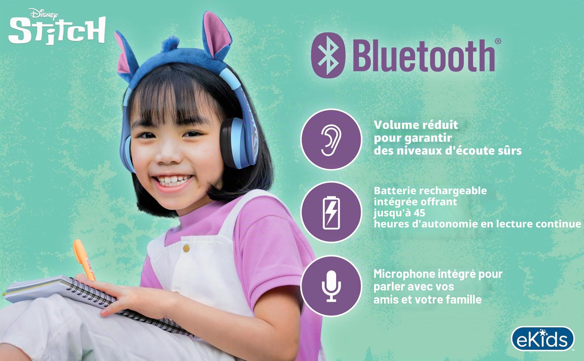 eKids Disney Stitch Casque Bluetooth sans Fil avec Microphone avec Cordon auxiliaire, Volume réduit pour Enfants, pour l'école, la Maison ou Les Voyages
