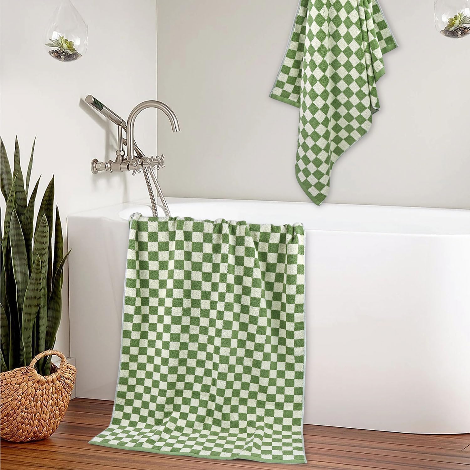 Jacquotha Bath Towels Set of 2 - Luxury Cotton Bathroom Shower Towels Body 55” x 27.5” Absorbent, Quick Dry, 520GSM, Green Checkered Bathroom Decor - Image 5
