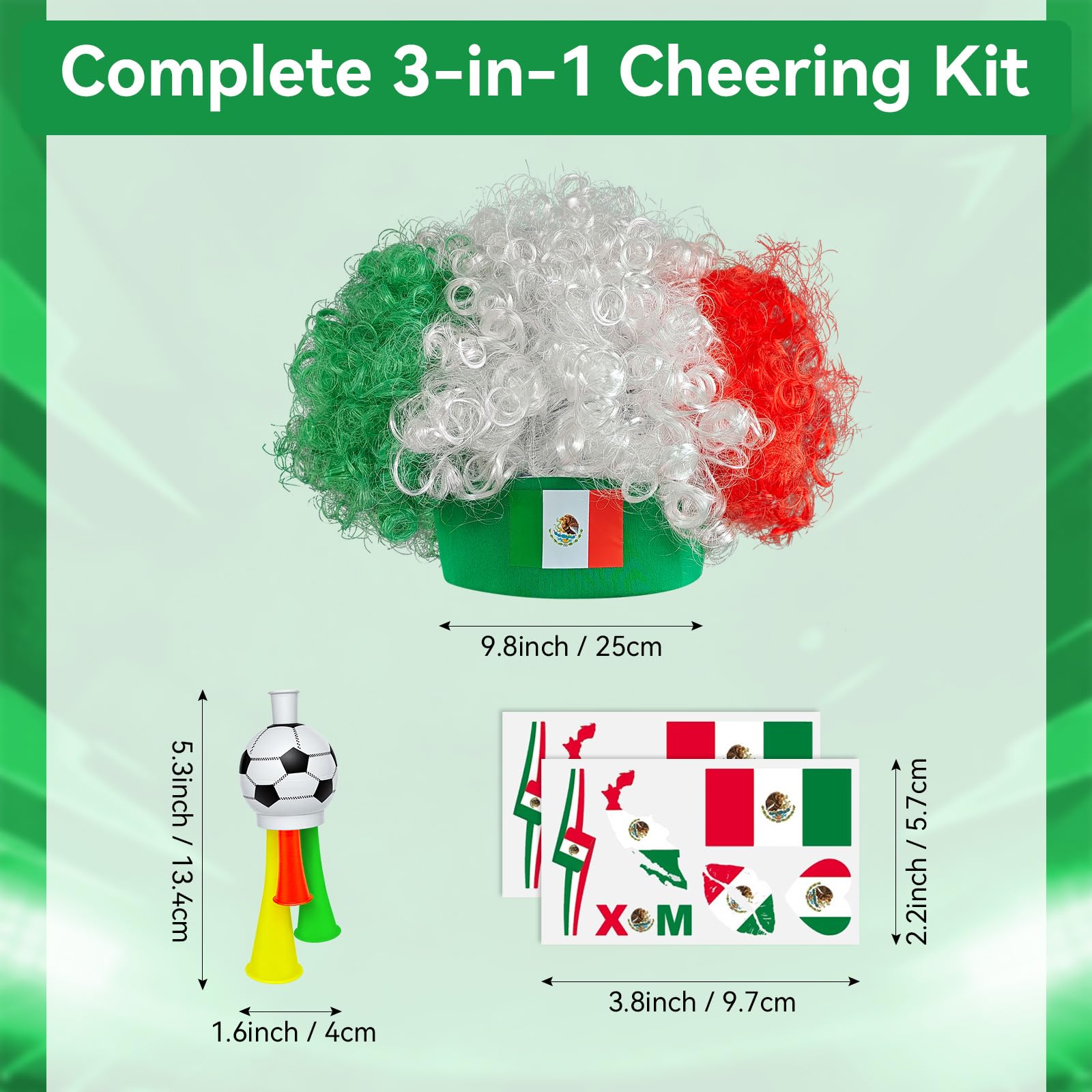 2026 Soccer Fan Gear Set – Mexican Flag Clown Wig, Temporary Tattoos & Loud Horn – Cheer Accessories for International Football Matches, Stadium Parties & Global Tournament Celebrations — view 3