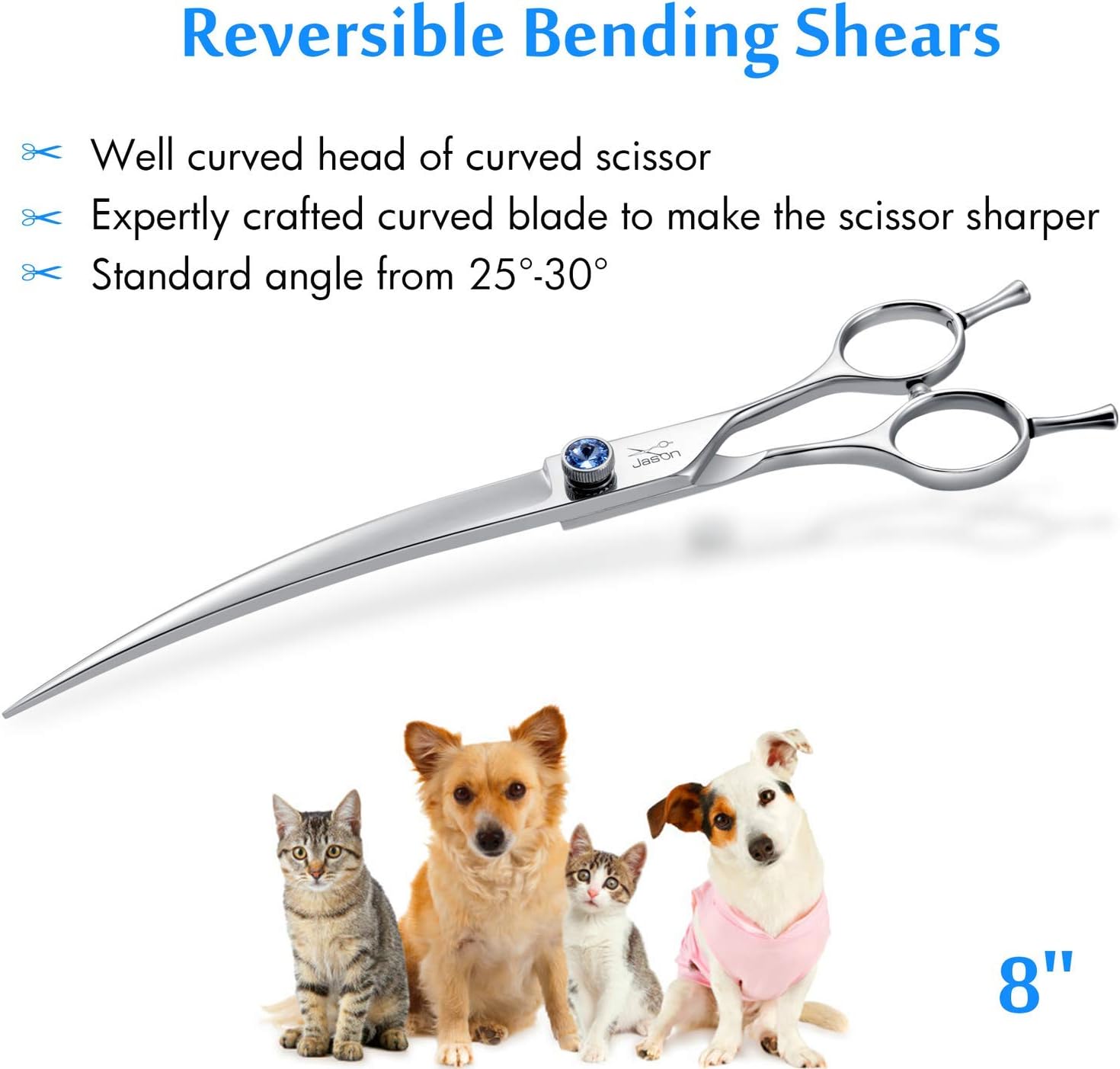 JASON 8" Curved Dog Grooming Scissors Ergonomic Pets Cats Trimming Shears with Offset Handle and a Jewelled Screw for Right Handed Groomers Long Sharp Comfortable Christmas Gift