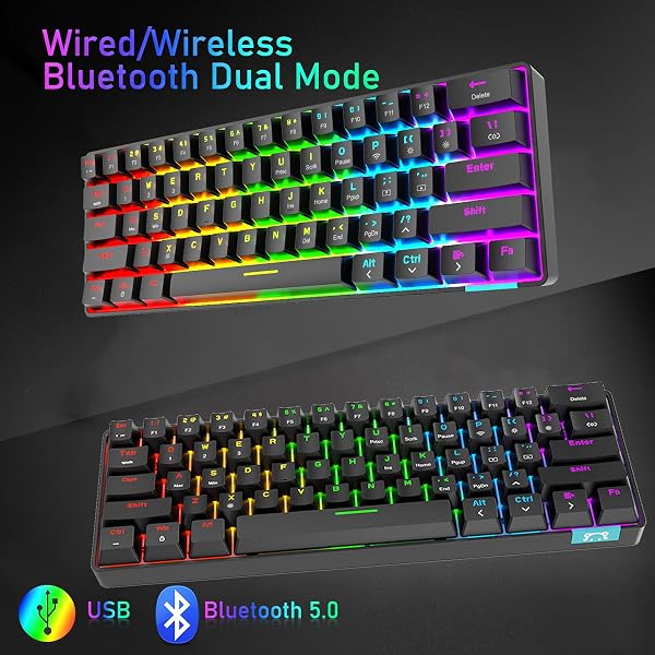 60% Teclado mecánico Cableado/inalámbrico Teclado Bluetooth 5.0 61 Teclas RGB Rainbow LED retroiluminado USB Tipo C Teclado para Juegos a Prueba de Agua Teclas Anti-Fantasma (Interruptor marrón) - 2