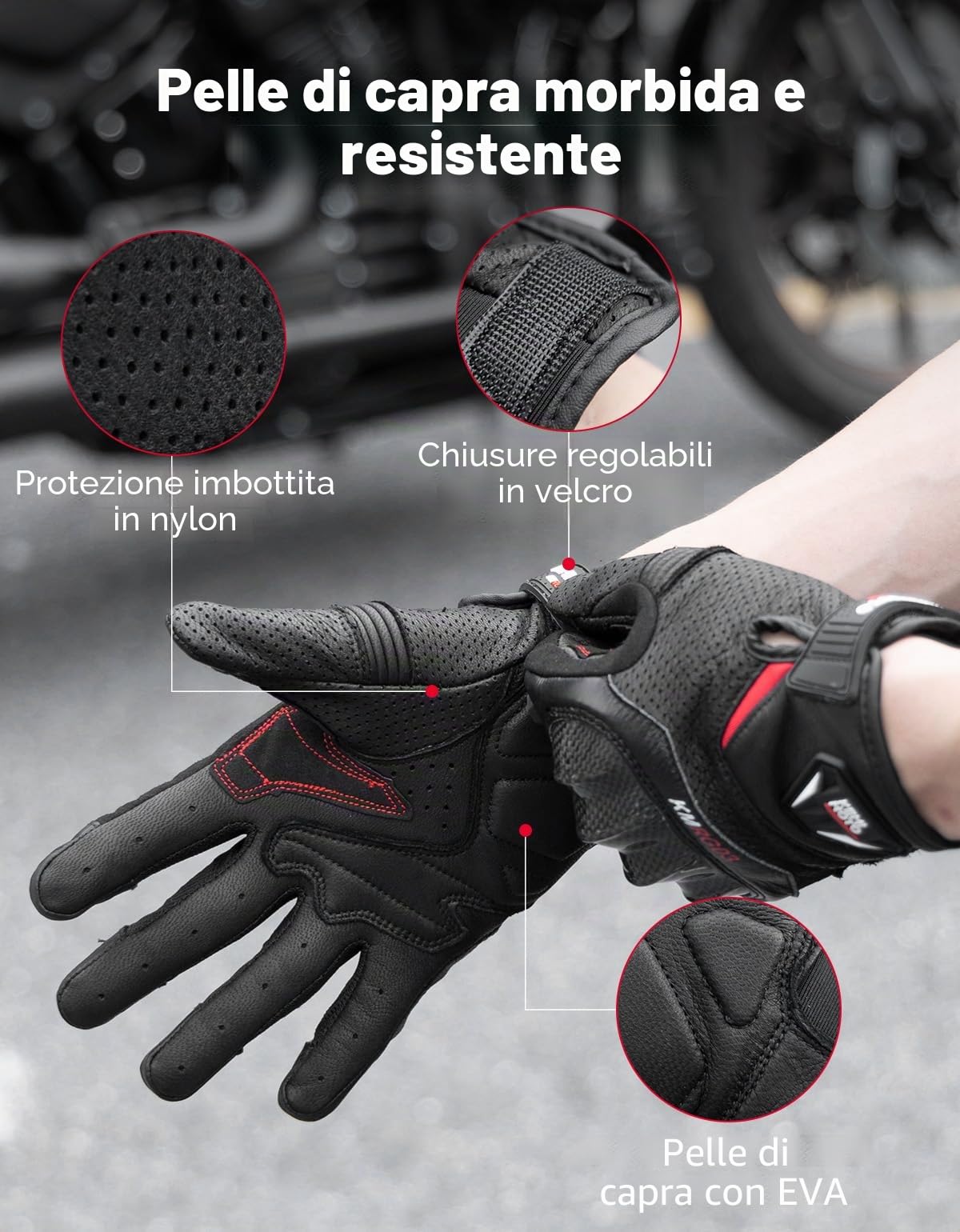 KEMIMOTO Guanti da Moto da Uomo, In Pelle di Capra con Cuscinetti Antiscivolo, Touch Screen, Guanti Protettivi per Motocross, Scooter, Ciclomotori, Quad, Paitball, ATV