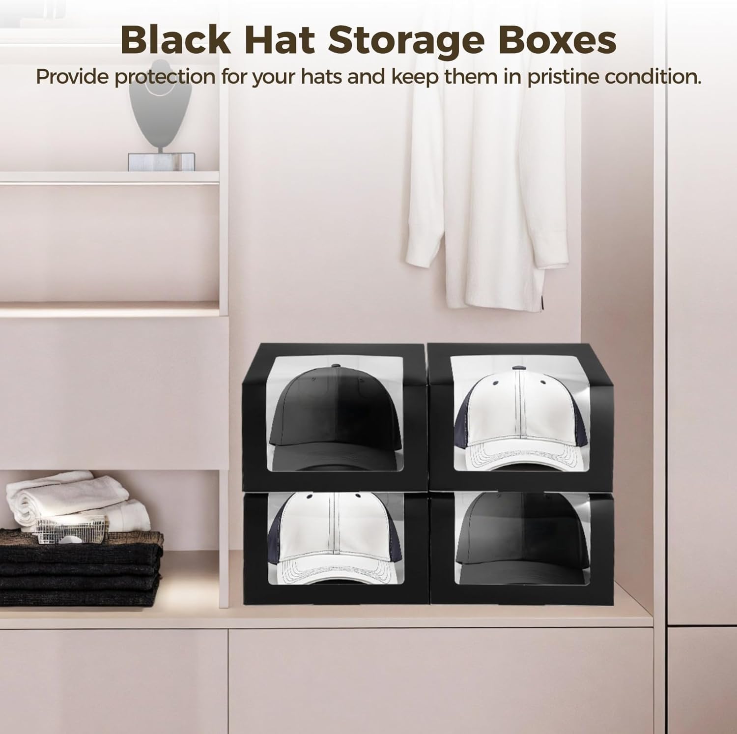 12 Pack of Black Hat Presentation Boxes, Decorative Storage with Clear Window, Hat Boxes for Baseball Caps and Dad Hats, Foldable Size 7.9×7.9×4.7