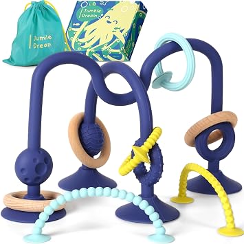 Jumble Jangle Baby Teething Toys   BPA-Free, Multi Purpose High Chair Toys & Sensory Toys for Kids with Autism Suction Teething Relief with Sensory Toy Textures for Infants & Toddlers Dark