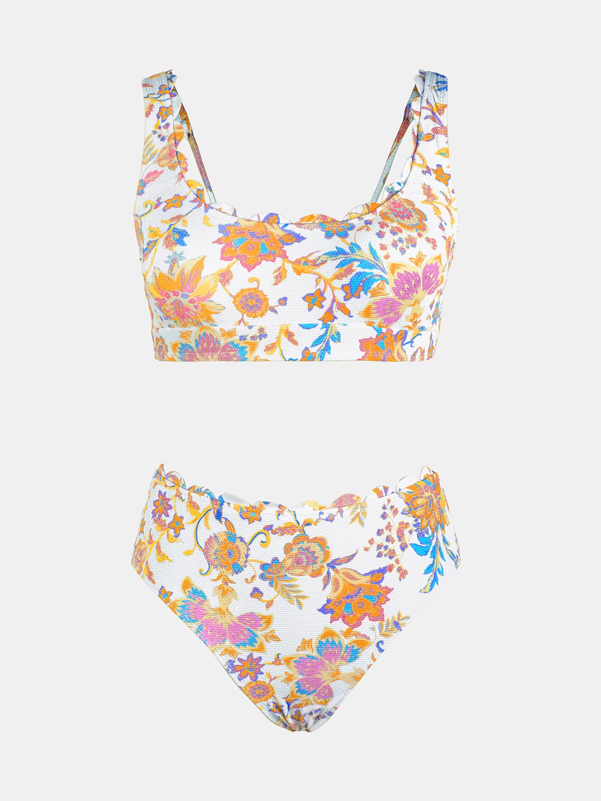 CUPSHE Conjunto de bikini para mujer, con cordones en la espalda, festoneado, tiro medio, tirantes ajustables, texturizado, traje de baño de dos piezas
