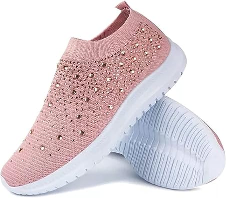 AngryMonkey Womens Rhinestones Mesh Sport Slip-on Shoes,Non Slip Good Arch Breathable Lightweight Casual Sock Sneaker Nurse Shoes
