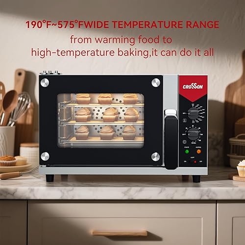 Miniatura 3 de CROSSON Horno de convección de 23 litros, horno tostador comercial de 3 niveles con puerta frontal de vidrio, 3 juegos de estantes de alambre,