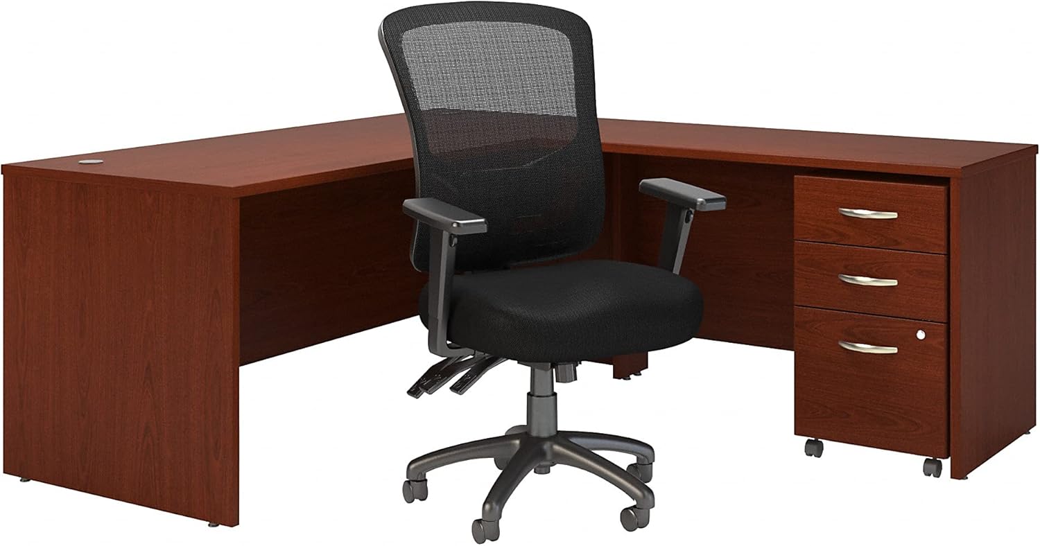 Bush Business Furniture Series C 72W L Shaped Desk with Mobile File Cabinet and High Back Multifunction Office Chair in Mahogany