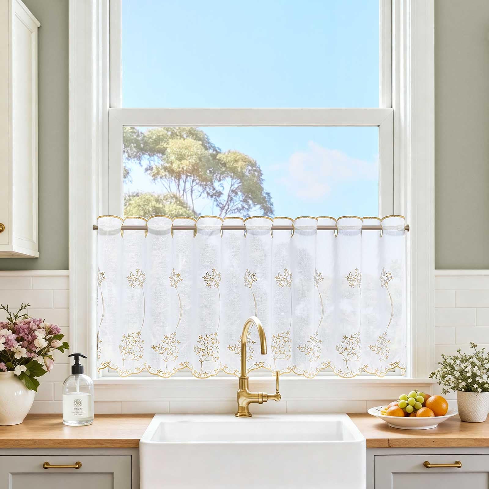 TOPICK Scheibengardine Küche lichtdurchlässig Bistrogardine Wohnzimmer modern Küchengardinen Gardine Schals Fensterschal Kurzgardine für Küche Küchenfenster Landhausstil