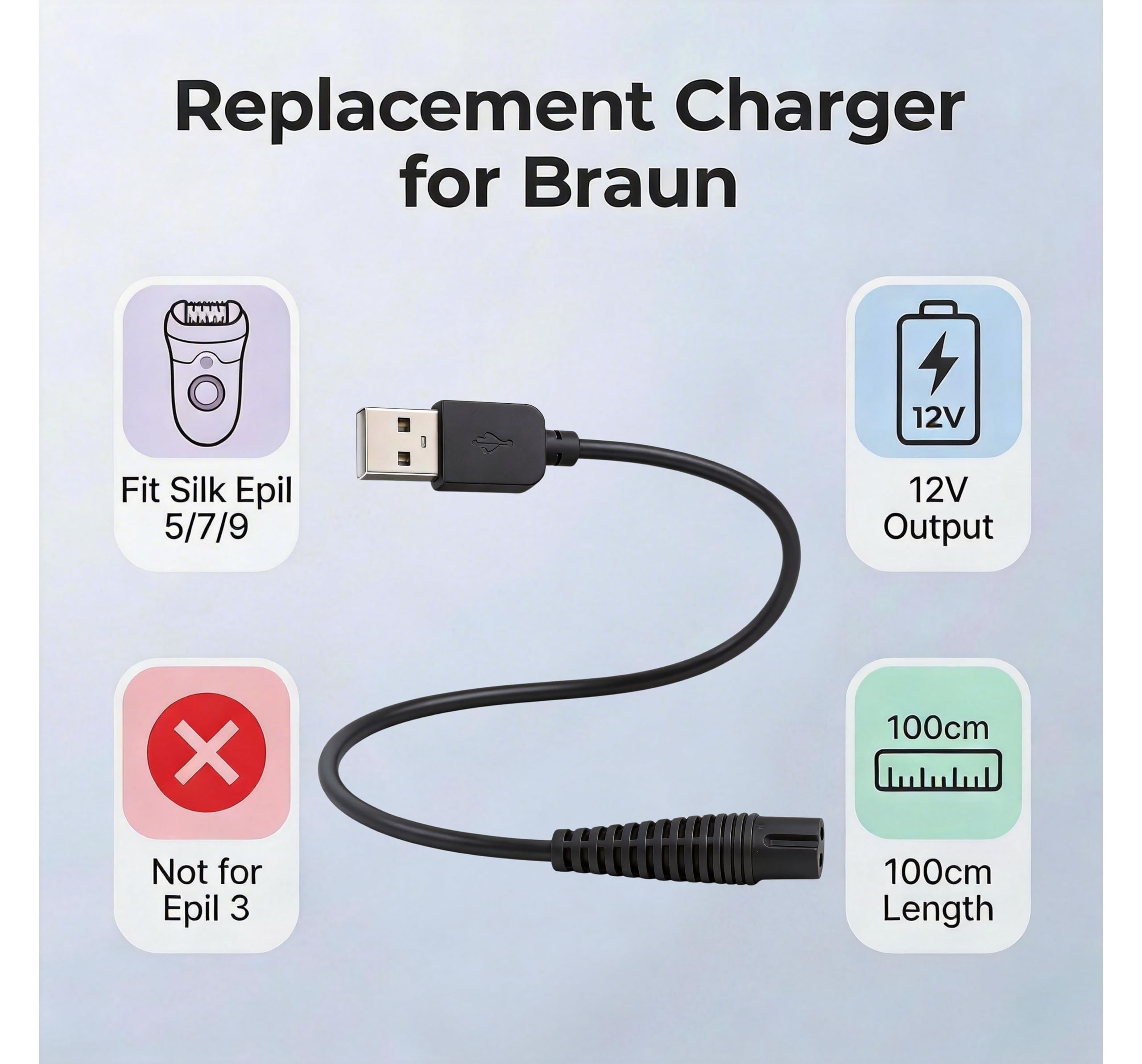 Ricambio Cavo Alimentatore USB 12V per Epilatore compatibile con Braun Silk-épil 9 Flex 5 7 9 Caricatore di Sostituzione