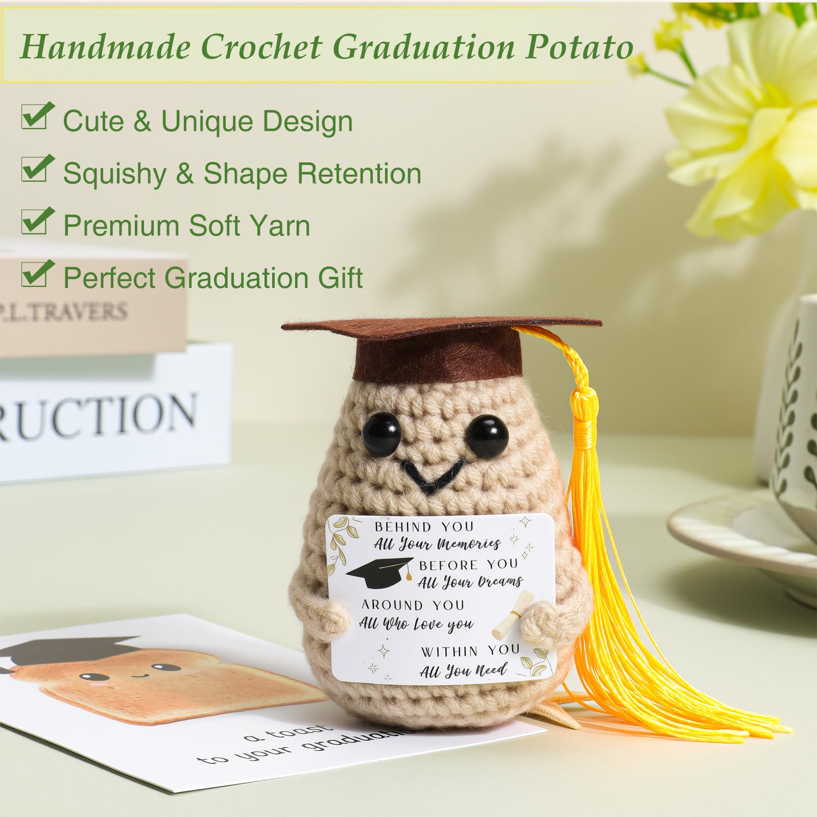 Graduation Gift Basket for Her 2026, College & High School Graduation Gifts for Women, Includes Glass Cup, Tulip Notebook, Candle, Keychain, Crochet Potato Doll & Card