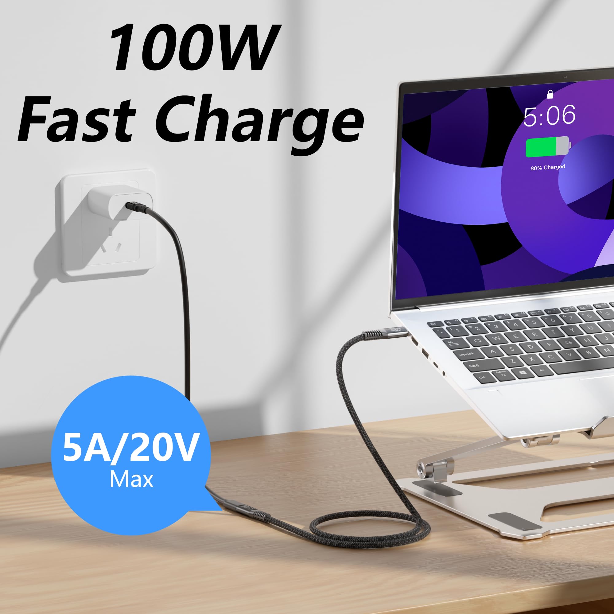 Langes USB-C-Verlängerungskabel, 3 m, 20 Gbit/s/100 W, USB 3.2 Typ C Verlängerungskabel, 4K @ 60 Hz Videoausgang, Nylon-geflochtener USB-C-Stecker auf USB-C-Buchse, Ladekabel, Kompatibilität