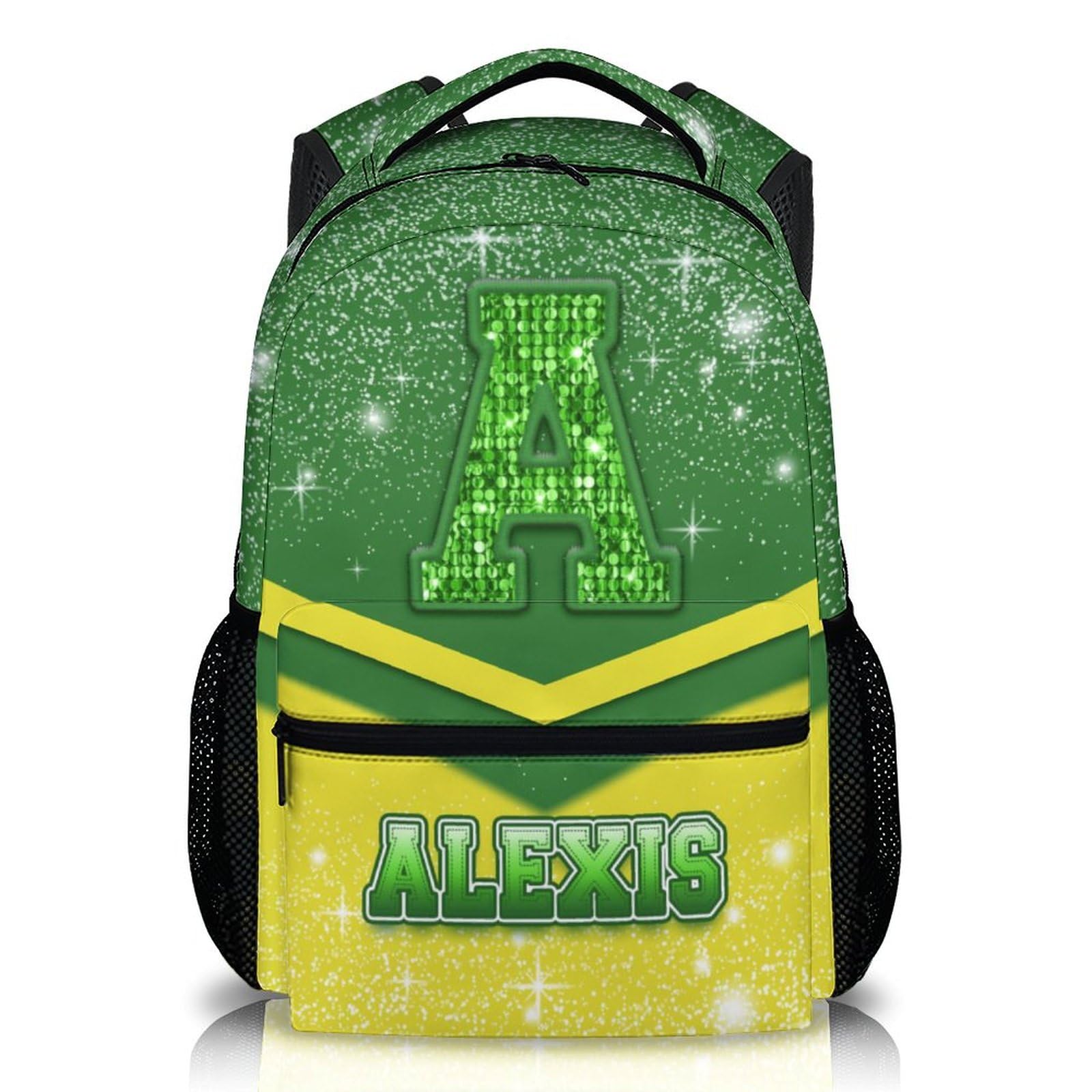 Cheer Backpack for Kids Preschool Elementary Kindergarten, Custom Glitter Initial Name Cheerleader School Bag for Girls Boys, 17 Inch Green & Yellow