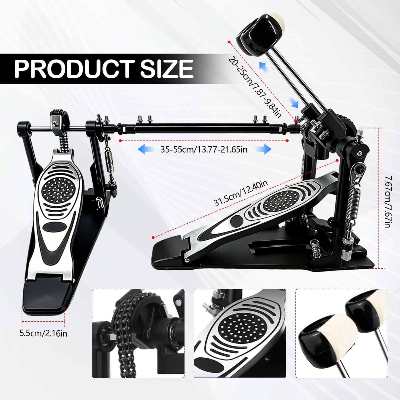Doble Pedal Bombo para Batería, Pedal Doble Profesional con Transmisión de Doble Cadena Accesorios de Percusión para Batería de Jazz y PrácticaIncluye Barra de Conexión y Llaves de Ajuste