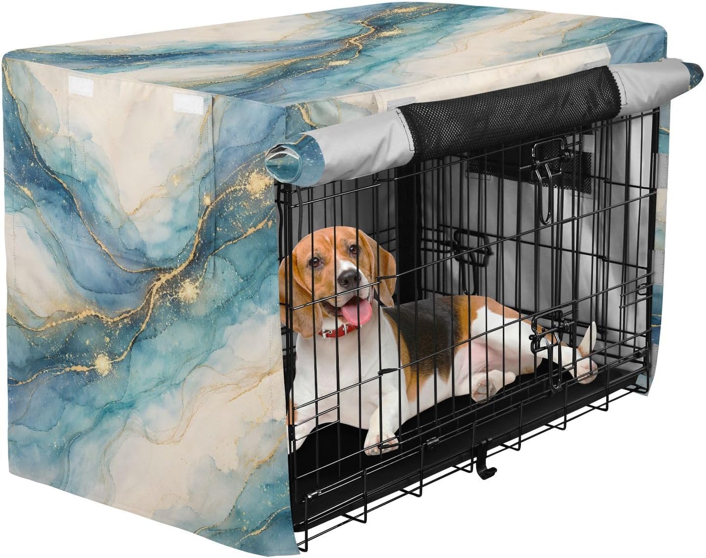 Watercolor Marble Blue Dog Crate Cover 600D Oxford Pet Kennel Cover with Mesh Window for Dog Cages, Windproof Waterproof Machine Washable, 48"x30"x33"