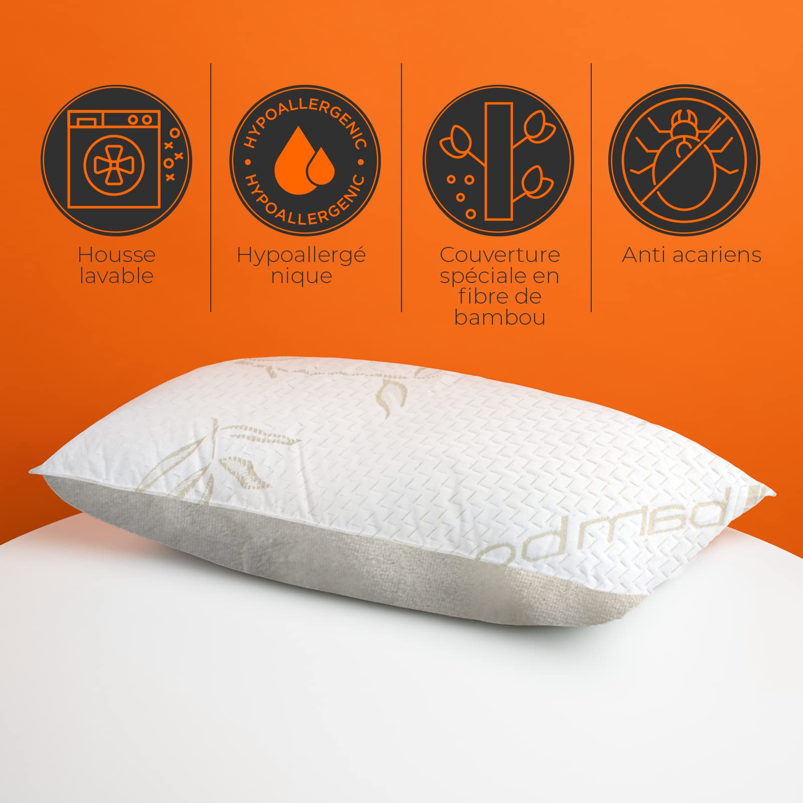 Oreiller en Bambou à Mémoire de Forme | 65cm | Anti-acarien et Anti-bactérien | Housse Respirante | Convient pour l'été et l'hiver | améliore la qualité du Sommeil | Foyer