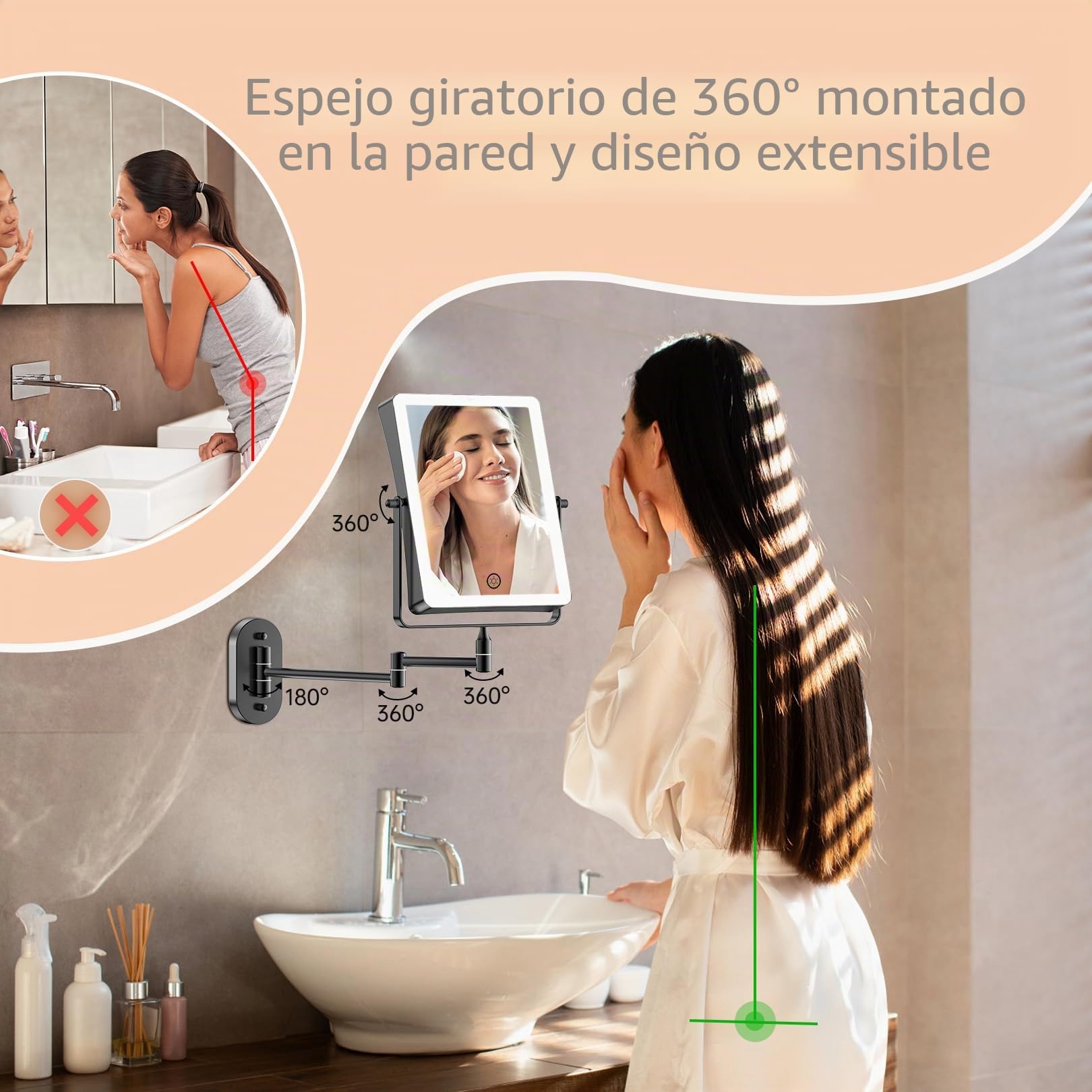 Famihomii 5000mAh Espejo de Maquillaje Recargable con iluminación LED | espejo de maquillaje con aumento de 1/30x e interruptor táctil,espejo de afeitar regulable,giratorio 360° (negro)