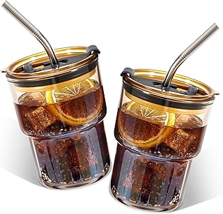 2 Packs Glass Tumbler with Lid and Straw 13 oz Cute Ice Coffee Cup Set Bulk Smoothie Juice Matcha Tea Cappuccino Water Sim... Price In India