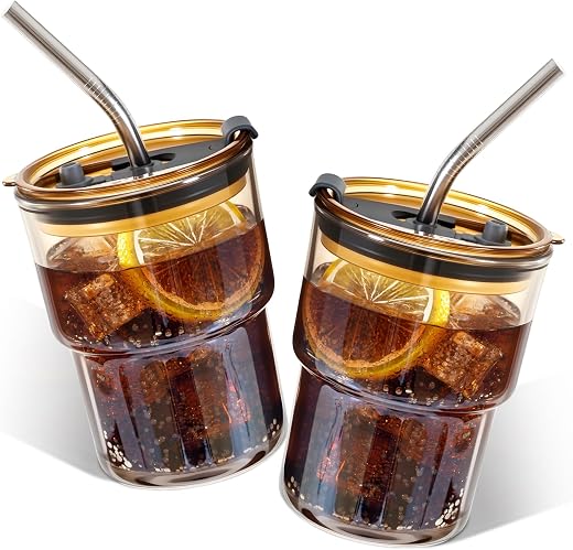 2 Packs Glass Tumbler with Lid and Straw 13 oz Cute Ice Coffee Cup Set Bulk Smoothie Juice Matcha Tea Cappuccino Water Sim...