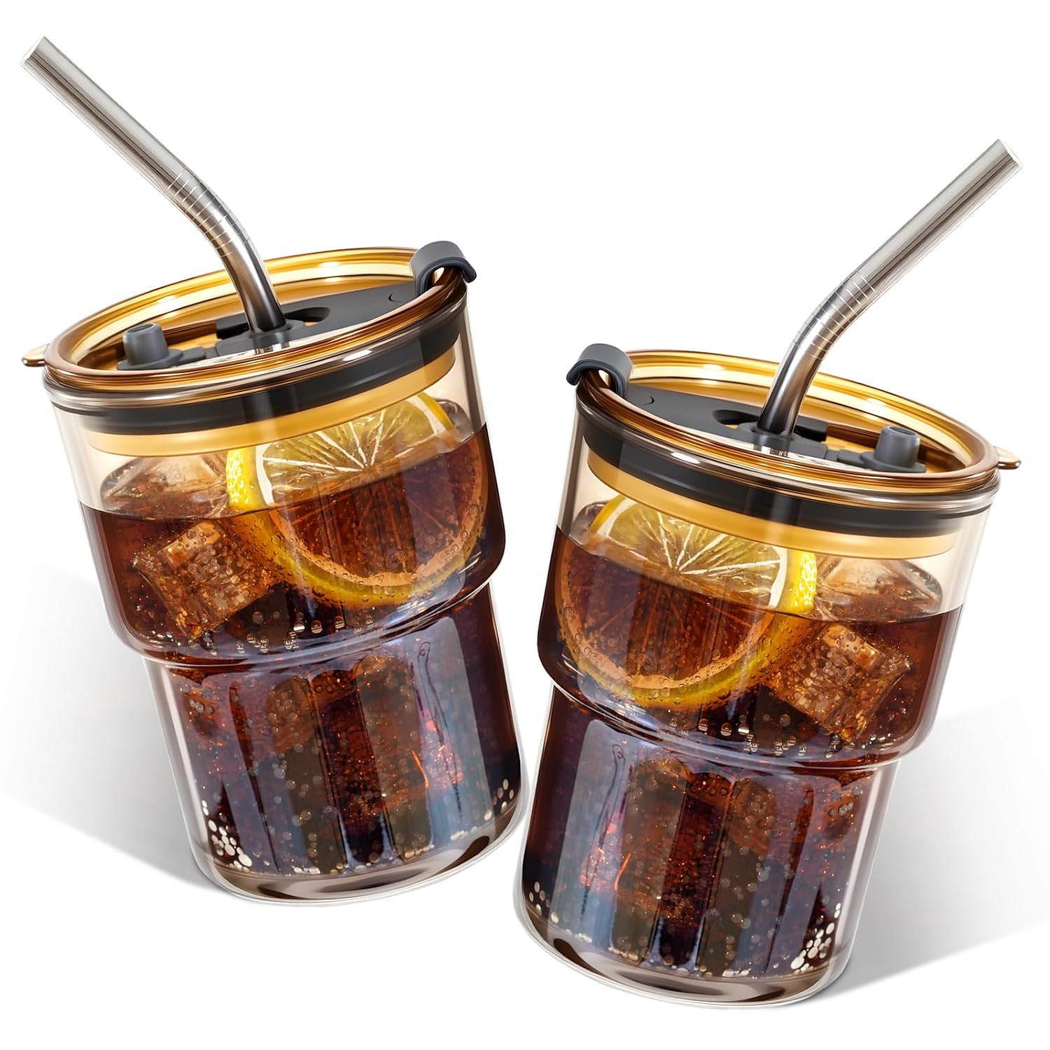 2 Packs Glass Tumbler with Lid and Straw 13 oz Cute Ice Coffee Cup Set Bulk Smoothie Juice Matcha Tea Cappuccino Water Sim...