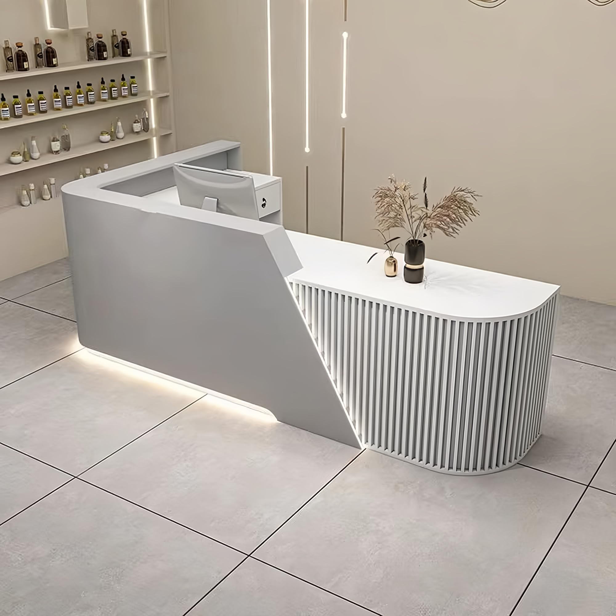 Empfangstresen, 116 Zoll (ca. 3 m) lang, gestreift, mit versteckter LED-Beleuchtung, Tastaturablage und Schubladen für Salon, Empfangsbereich, Büro oder Café