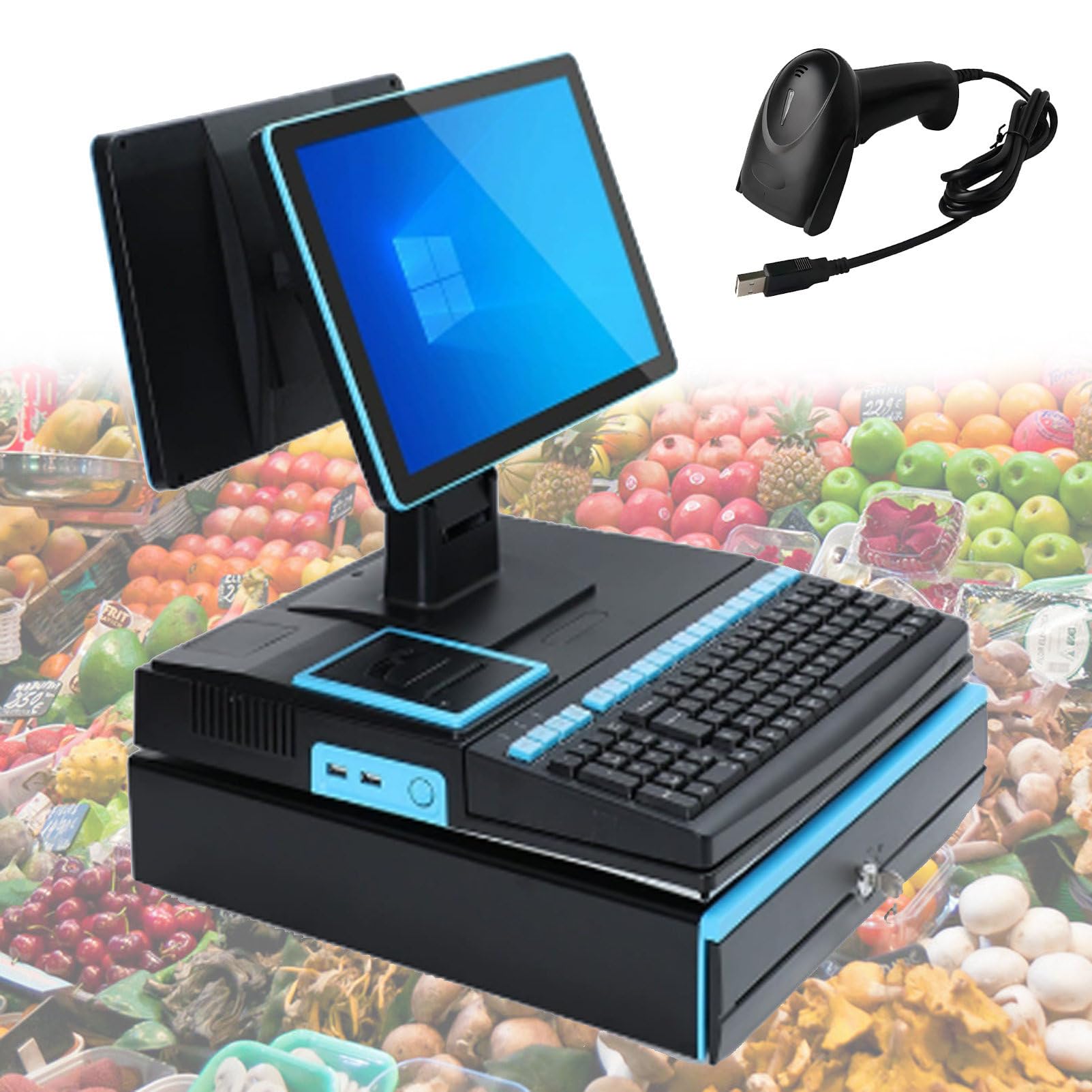 Pvxa All-in-One Touch Screen Single/Dual Monitor Cash Register, with 15.6" Touch Screen Monitor, Cash Drawer Barcode Scanner, for Small Businesses and Reta Black DualScreen-Blue