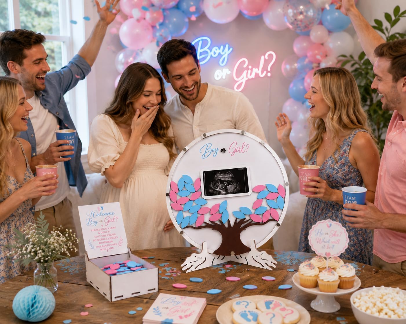 63PCS Gender Reveal Guest Book, Baby Shower Sign in Guest Book with Ultrasound Photo Display, Boy or Girl Voting Game, Wooden Keepsake Box, Stand & Pen