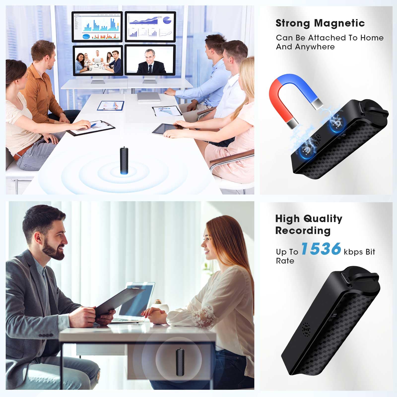 Enregistreur vocal magnétique 64 Go, 25 jours d'enregistrement continu, rechargeable via USB, activation vocale, enregistrement One Touch, mini enregistreur vocal pour réunions, cours et interviews