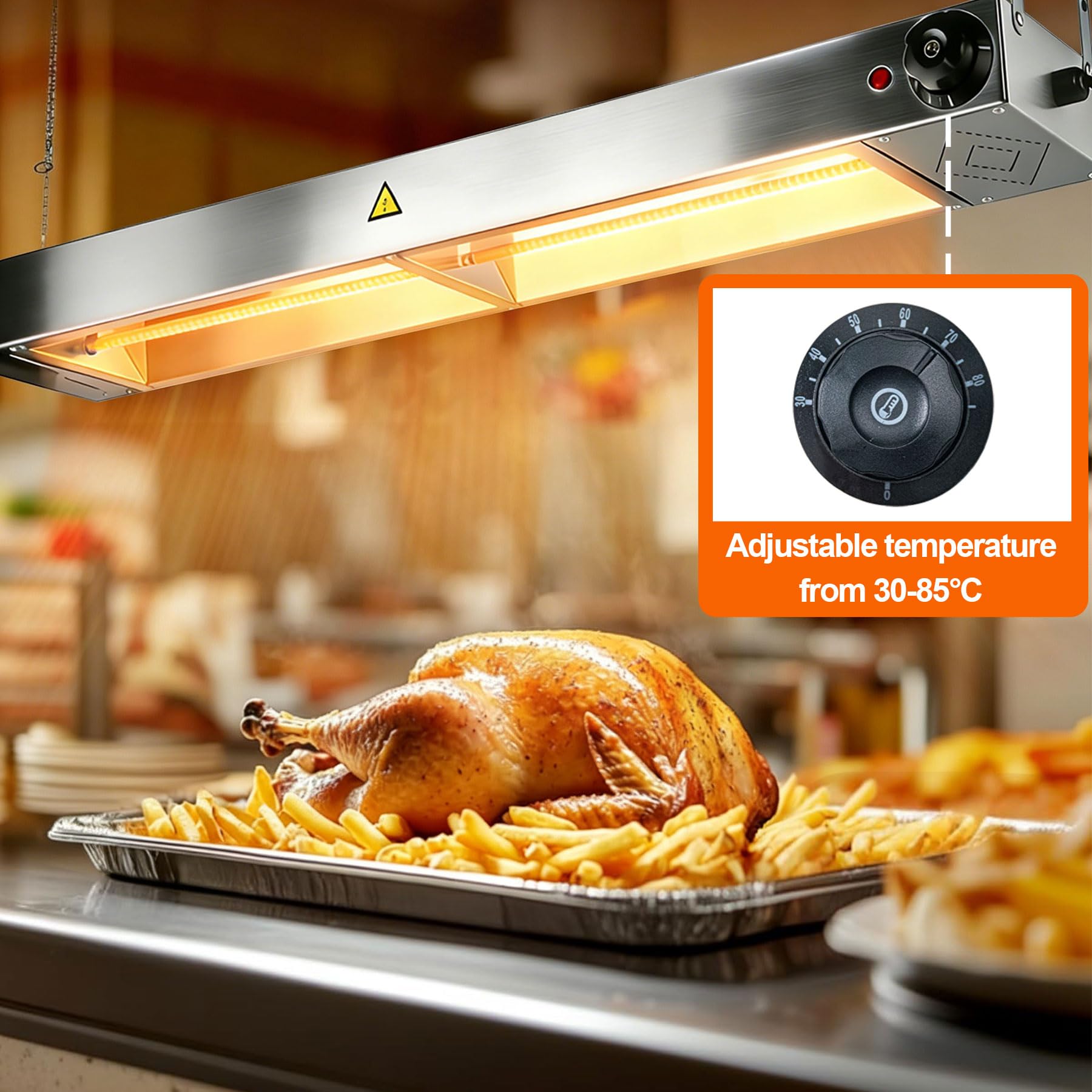 Wärmelampe Küche Gastro, Edelstahl Hängend Wärmelampe für Speisen (90cm) | Speisenwärmer Lampe mit Drehknopf-Temperaturregelung für Buffets und Hotels, Einstellbare Temperatur 30-85℃