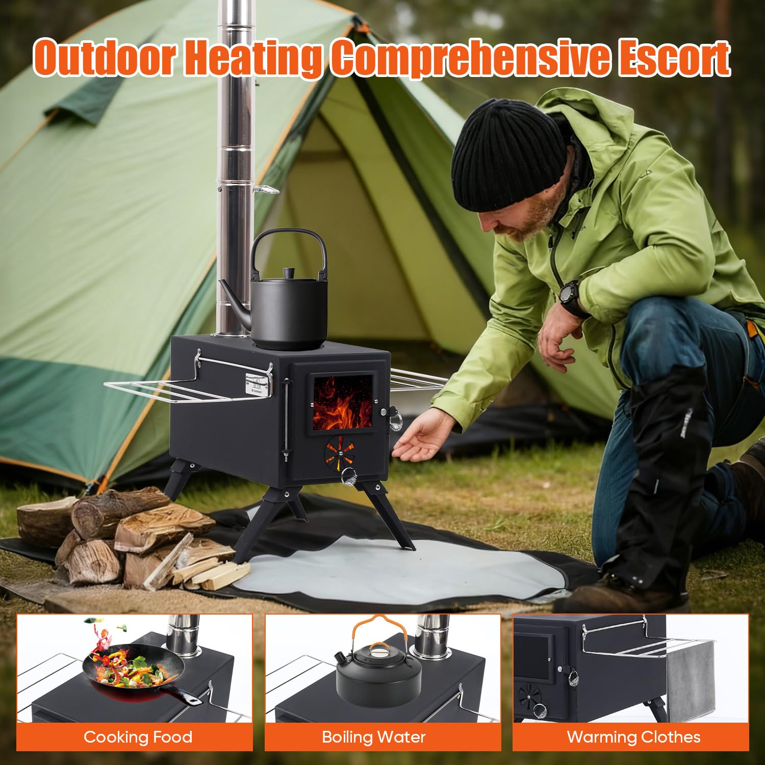 Estufa de tienda de campaña, estufa de leña portátil para acampar al aire libre con tubos de chimenea y guantes de acero inoxidable, estufa de leña para cocinar, calefacción, camping, tienda
