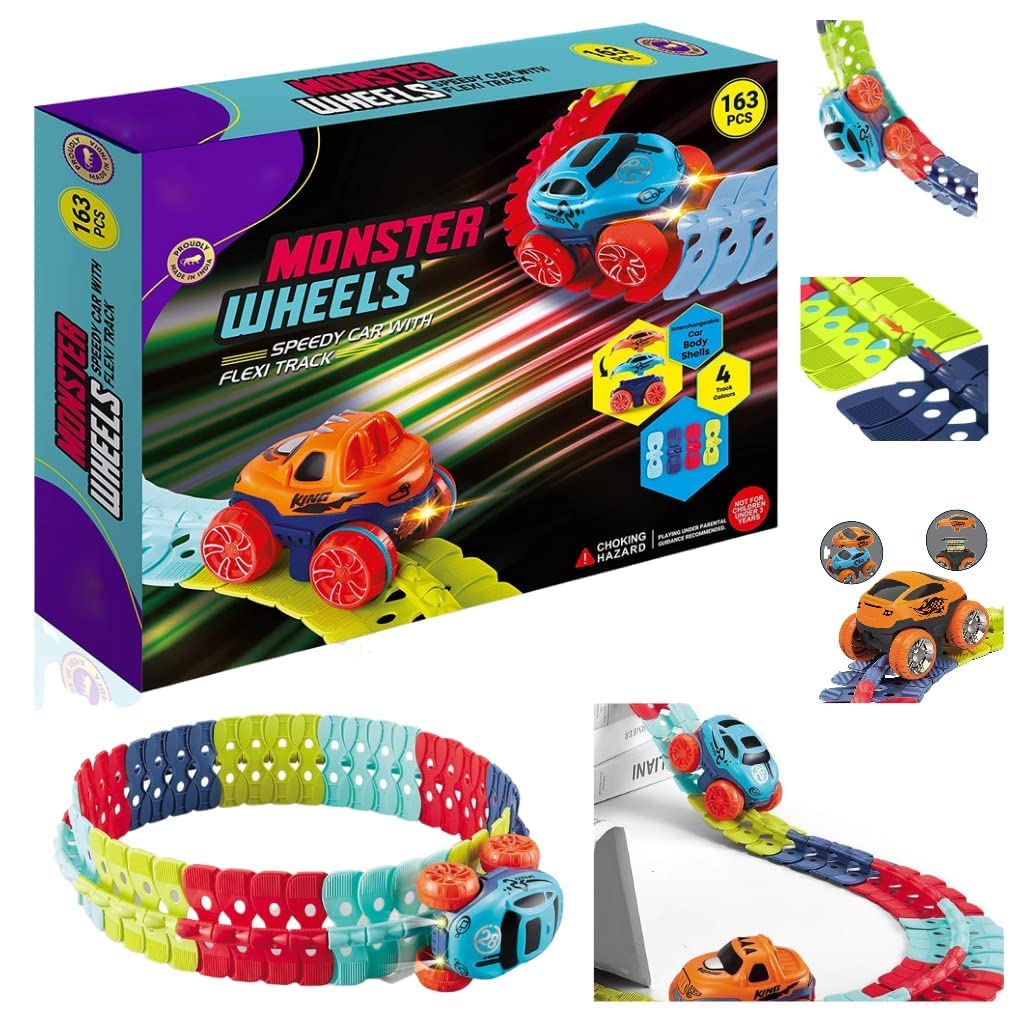 Hemtik Monster Wheels-163 Pcs Changeable Track Glow in The Dark with Led Train Toy – Electric Bendable DIY Race Tracks Vehicle Playsets for Age 3 4 5 6 7 Year Boys, Girls & Kids