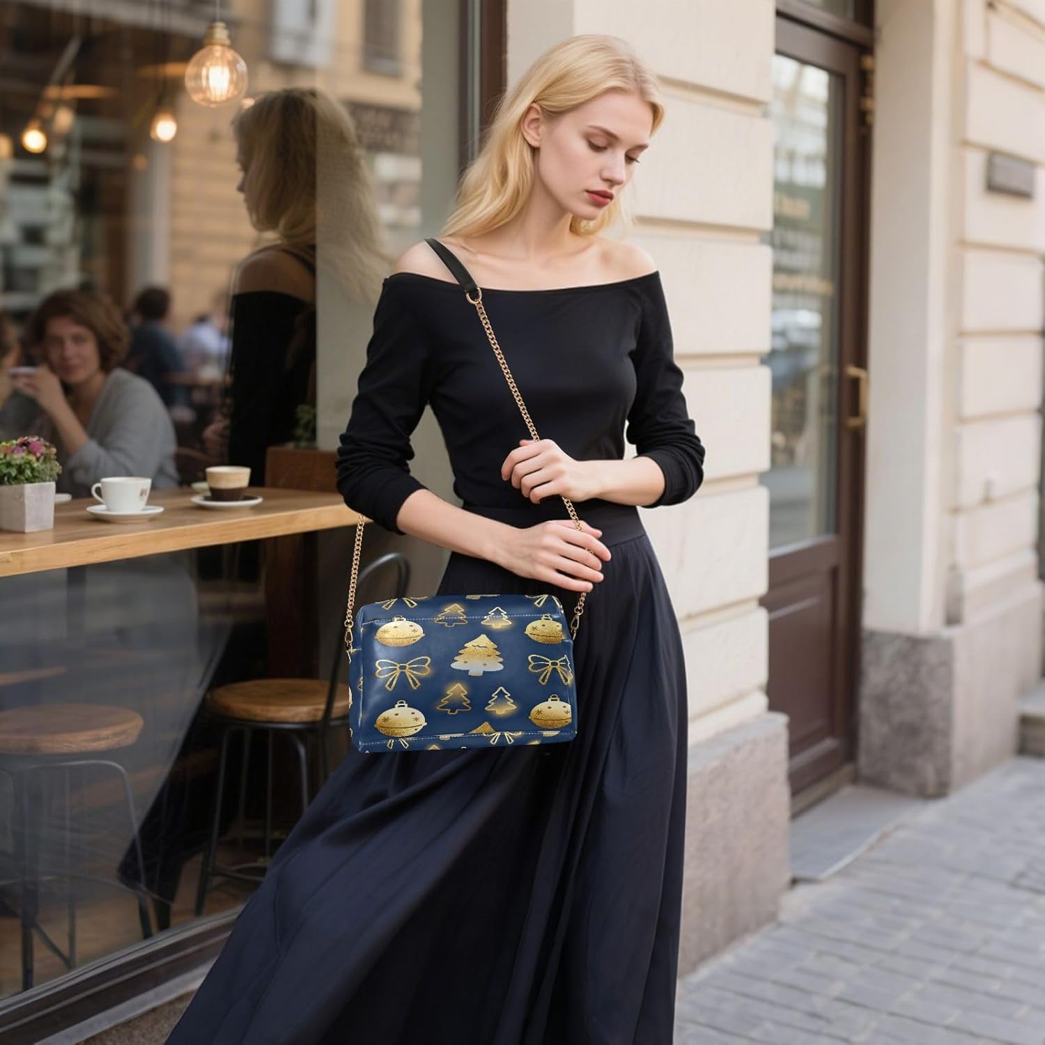 Small Crossbody Bag For Women Vegan Leather Merry Christmas Bow and Tree Gold and Dark Blue Womens Cross Body Purses Waterproof Shoulder Hand Bags