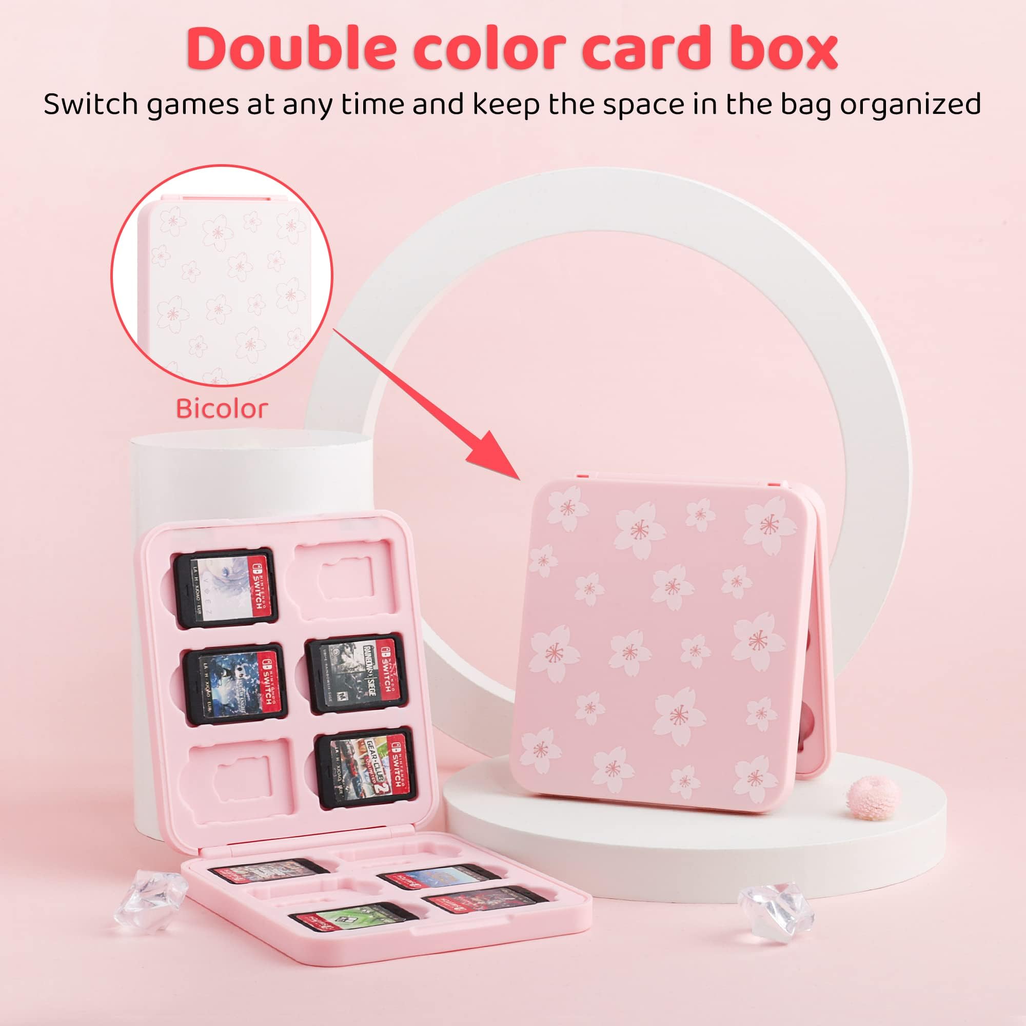 RHOTALL Borsa a tracolla compatibile con Nintendo Switch/OLED/Lite, zaino da viaggio ad alta capacità per switch accessori con custodia per carte di gioco e 2 tappi per pollice, Sakura