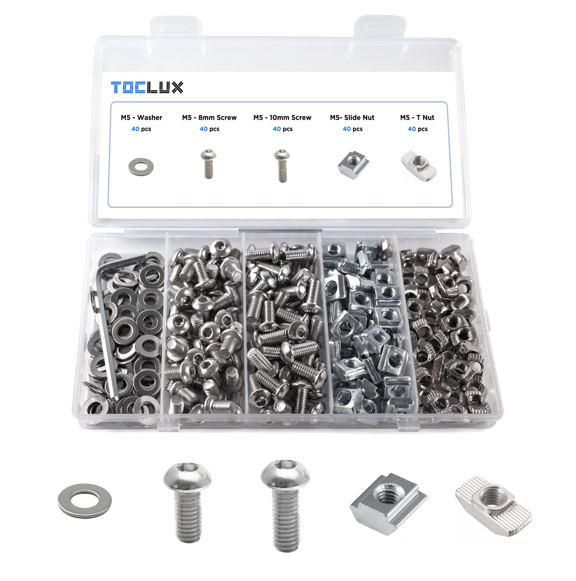 200pcs 2020 Series M5 T-Nut and Screw Kit – Sliding & Drop-in T-Nuts, M5x8mm & M5x10mm Screws, Washers, Ball-End Hex Wrench – for 6mm T-Slot Aluminum