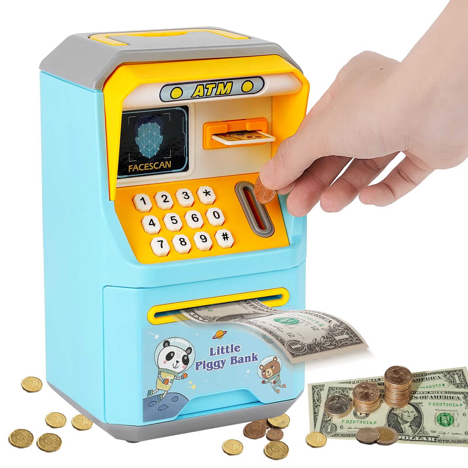 Money Box for Kids Electronic, Piggy Bank with Password, ATM Kids Safe Cash Coin Money Saving Box, for Boys Girls Age 3+, Blue