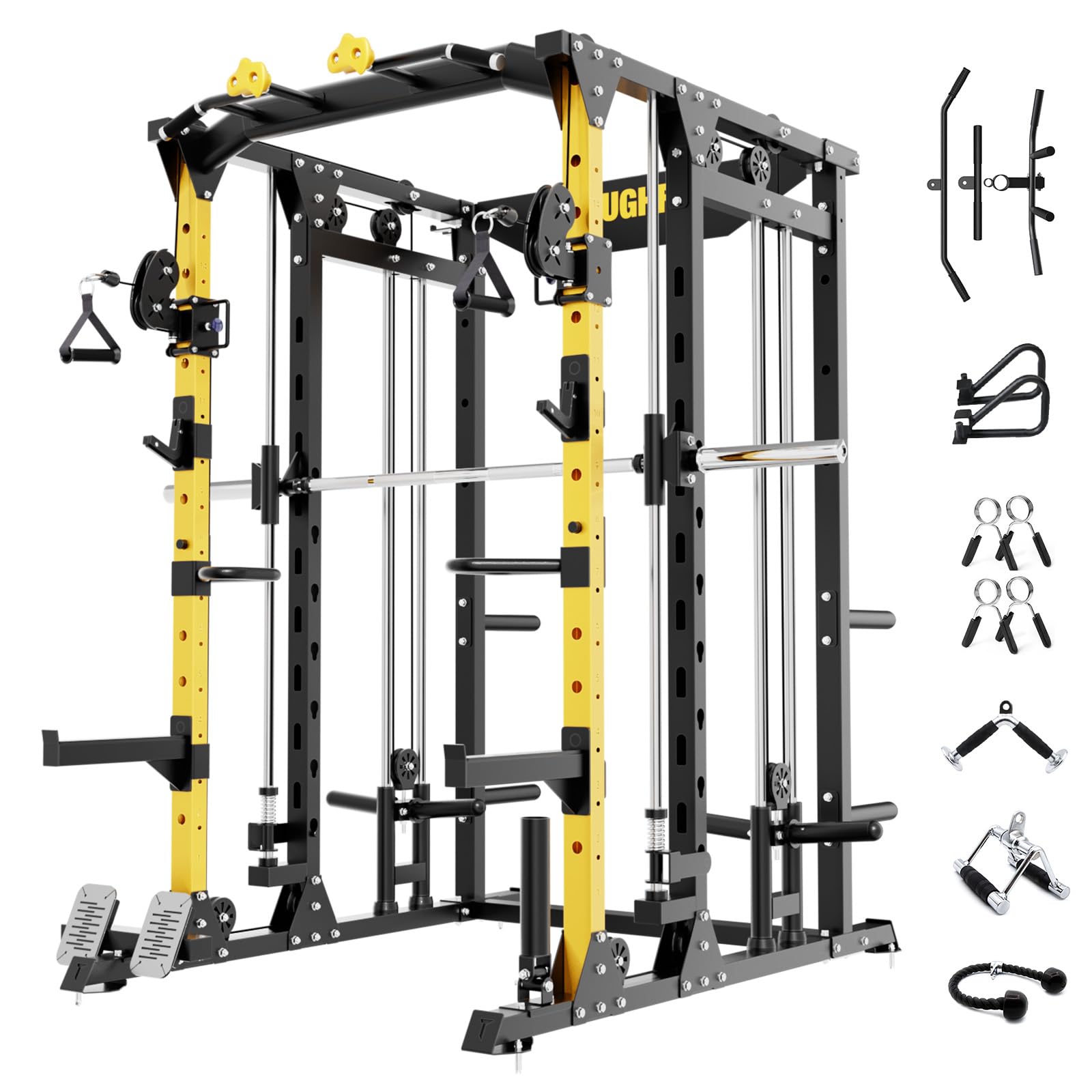 ToughFit F4 Smith Machine, Power cage with Adjustable Cable Crossover System, All-in-One Squat Rack Training Equipment for Home Gym