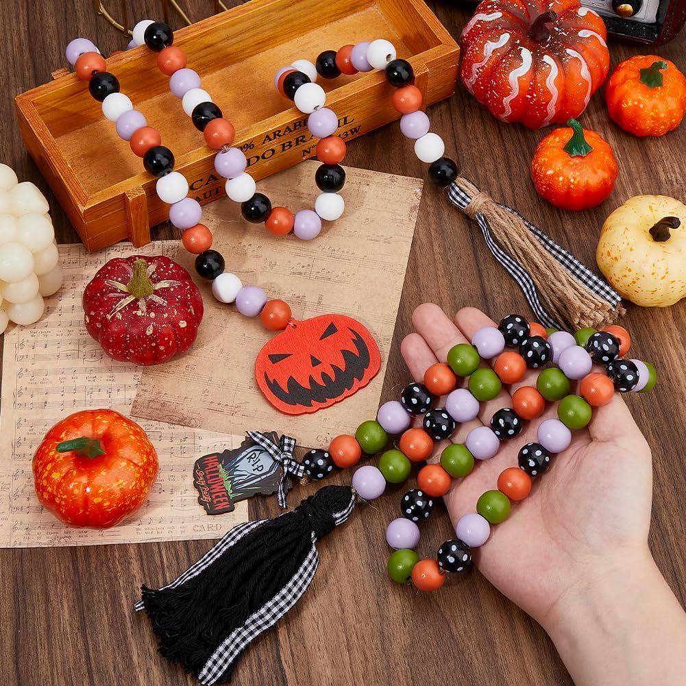 DICOSMETIC 2Pcs Halloween Wooden Bead Garland with Tassel 35.43 Inch Farmhouse Bead Garland with Pumpkin Tomb Rustic Fall Room Decor Halloween Hanging Beads Decorative for Home