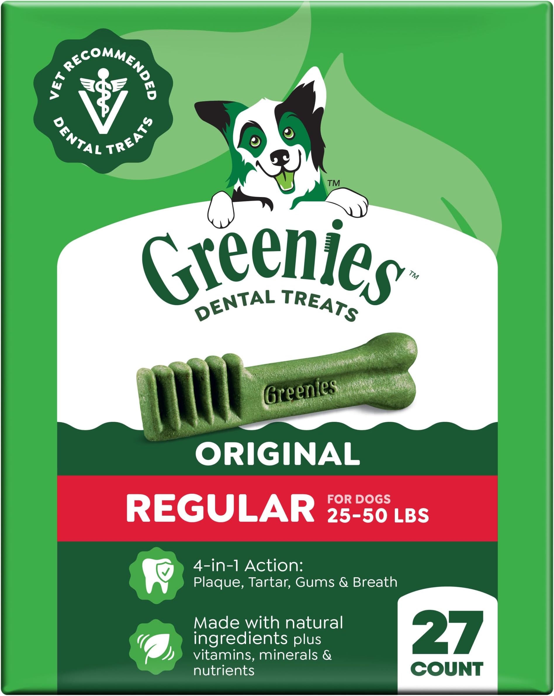 Greenies Veterinarian-Recommended Adult Natural Dental Dog Treats Regular Size, Dog Dental Chews, Original Flavor, 27 oz. Pack, 27 Count