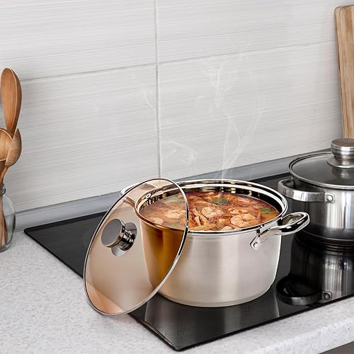 Miniatura 7 de ZEAYEA Olla de acero inoxidable de 5.8 cuartos de galón, olla de cocina con tapa de vidrio, olla para pasta de sopa con asas dobles a prueba de