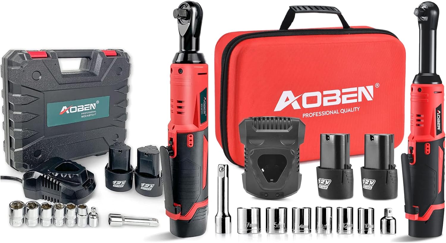 AOBEN 3/8" 12V Cordless Electric Ratchet Wrench Set& 4.7" Long Reach 3/8" Extended Cordless Ratchet Wrench Kit