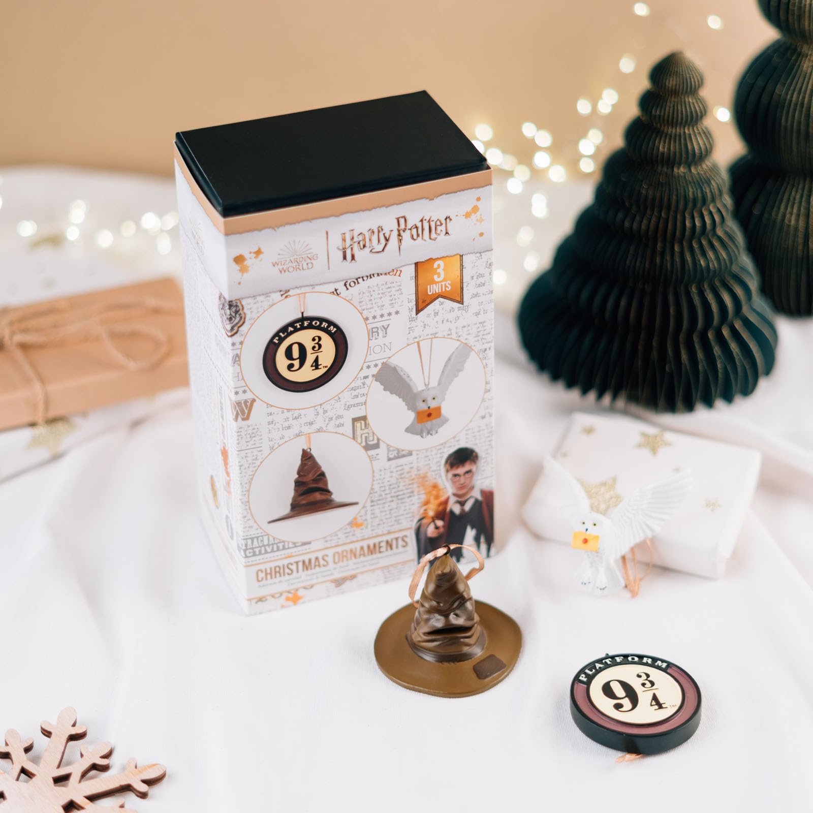 Grupo Erik Adornos de Navidad, regalos de Harry Potter, juego de 3 decoraciones para árbol de Navidad, sombrero clasificador, plataforma 9 3/4, Hedwig, mercancía de Harry Potter, decoraciones de