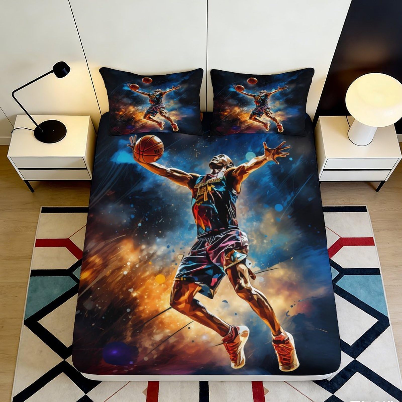 3D Printed Basketball Slam Dunk Fitted Sheet Microfiber Soft Anti-Slip Mattress Cover for Bedroom Dorm Decor 90x200x25cm