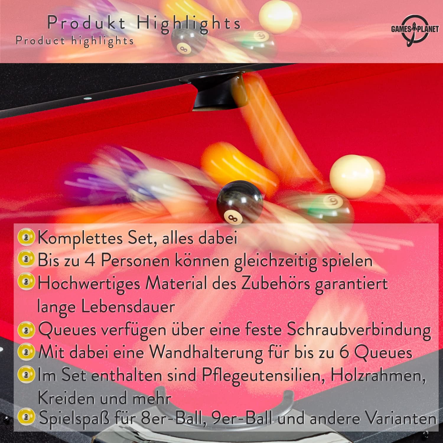 GAMES PLANET Billard-Zubehör-Set All IN ONE - Komplettset inkl. 4 Queues, Billardkugeln, Dreieck und diversen Extras, Snooker