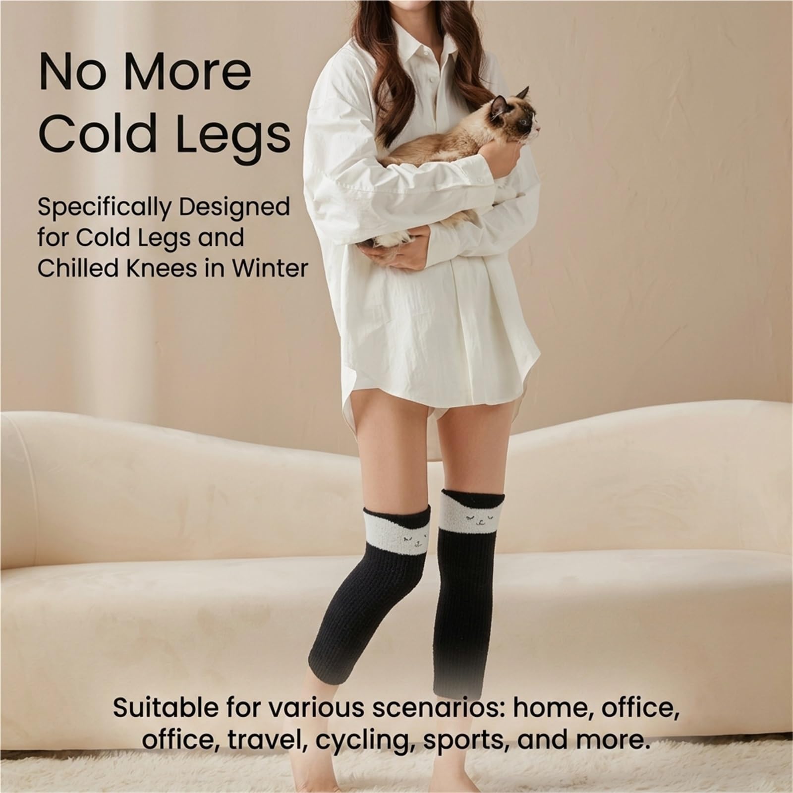 Chaussettes Hautes Femme Hiver Chaussettes Montantes au dessus du Genou en Polaire Douce Jambières Chaudes Peluche avec Motifs Dessin Animé Kawaii pour Maison(Black)